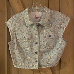 Vtg Floral Denim Jean Mini Vest Juniors XL 16/17 90s Frayed Hem No Boundaries